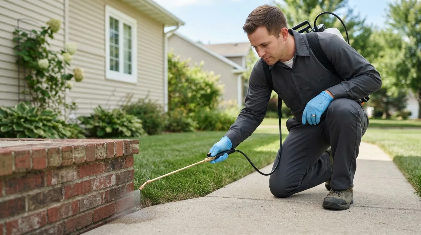 Pest control technician treating a home near Herington, KS